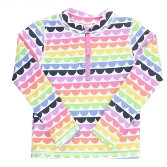 Ruffle Butts rashguard toddler girl scalloped rainbow long sleeve swimsuit top - Picture 4 of 5